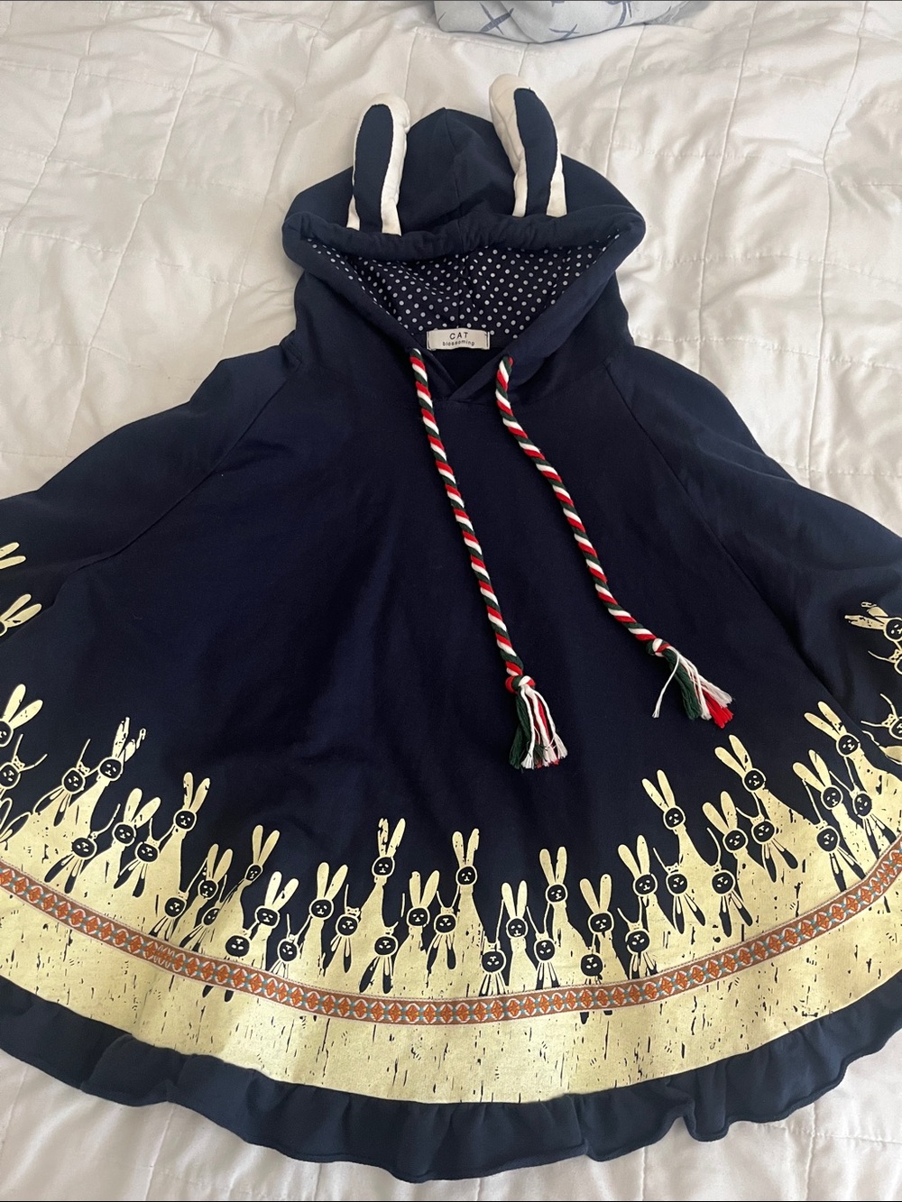 Cat Blossoming Navy Hooded hood Cape with Bunny Border & ears whimsical